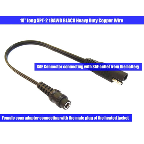Sae To Coax Female Adapter Cable For Motorcycle Heated Gear 10 Inch Long With Heavy Duty 18 AWG SPT 2 Copper Wire 5.5mm X 2.5mm DC Coax Female Connector For Easy Hookup