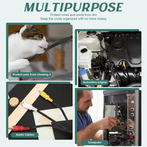 Multipurpose use of 300 Ft Braided Wire Loom Kit in different scenarios, including pet protection, automotive, and computer setup
