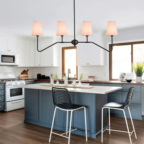4 Light Kitchen Island Lighting Fixture Dope Modern Linear Chandelier Over Table Matte Black Finish With Linen Shades 41 Inch Wide