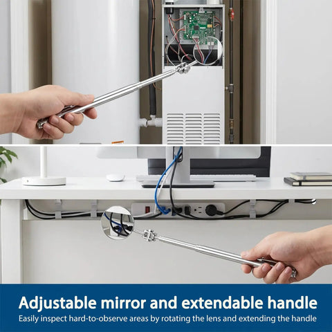 Three Piece Stainless Steel Extendable Mechanic Mirror Set With Telescoping Rotating Head Inspection Mirrors in use