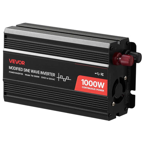Black 1000W 12V DC to 120V AC Modified Sine Wave Inverter With red power knob, side view.