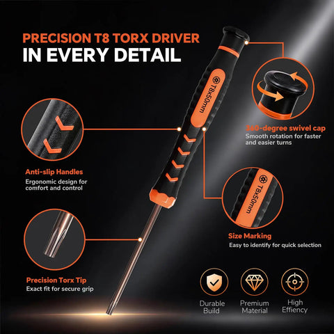 Premium T8 Security Torx Screwdriver With Heavy Duty Extended Shaft TR8 Star Bit showing anti-slip handle and precision tip.