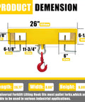 Universal Forklift Lifting Hook With Swivel Head And Two L Screws Built Like A Tank To Handle 4800 Pounds Of Heavy Gear dimensions 26 inch length, 8.66 inch width, yellow steel