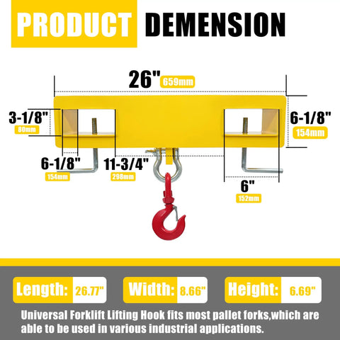 Universal Forklift Lifting Hook With Swivel Head And Two L Screws Built Like A Tank To Handle 4800 Pounds Of Heavy Gear dimensions 26 inch length, 8.66 inch width, yellow steel