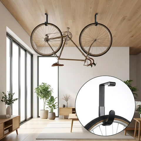 Six Pack Heavy Duty Garage Ceiling Storage Hooks For Bikes And Gear, Easy Install On Overhead Racks Or Wall Shelves, 50 Lb Capacity shown with bicycle hanging