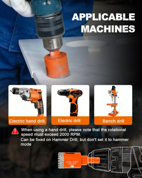 High Octane Diamond Core Drill Bit Set 13 Piece Hole Saw Kit covering quarter to two inches attached to electric drill on tile.