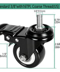 All Purpose 2 Inch Rubber Caster Wheels Set Of Four With Locking Brakes And Threaded Stem, 3/8 inch coarse threaded shaft shown.