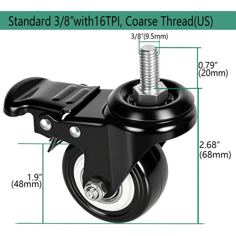 All Purpose 2 Inch Rubber Caster Wheels Set Of Four With Locking Brakes And Threaded Stem, 3/8 inch coarse threaded shaft shown.