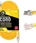 Built Tough 75 Foot 10 Gauge Outdoor Extension Cord With Lighted 3 Prong Plug 15 Amp SJTW Wire Weatherproof Yellow Copper Cable