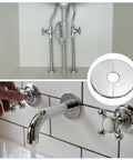 Solid Stainless Steel Split Flange Pipe Collar With Hassle Free Peel Stick Grip Heavy Duty Clip On Escutcheon Trim Ring For Walls Floors Ceilings Bathroom Kitchen Toilet Pipe Covers Two Pack, shown on sink faucet.