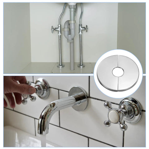 Solid Stainless Steel Split Flange Pipe Collar With Hassle Free Peel Stick Grip Heavy Duty Clip On Escutcheon Trim Ring For Walls Floors Ceilings Bathroom Kitchen Toilet Pipe Covers Two Pack, shown on sink faucet.
