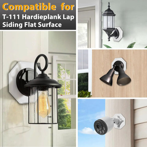 Vertical Siding Mounting Block For Outdoor Lights And Cams With Built In Electrical Box Octagon Style Textured Paintable Surface Easy Install For T111 HardiePlank Siding And Other Flat Vertical Surfaces, white octagon block with wall light