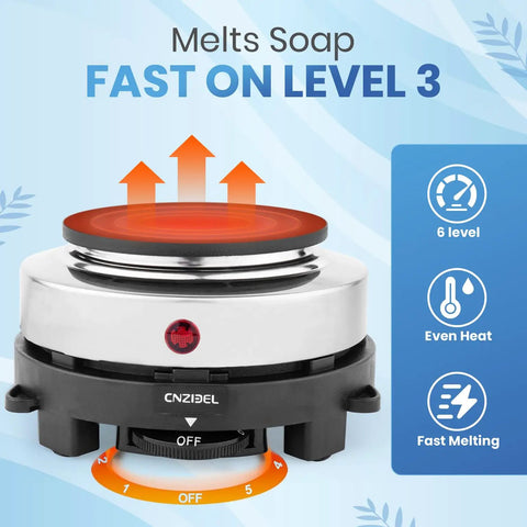 Image of electric hot plate heater from All-In-One Soap Making Kit With 900ml Stainless Steel Pot That Delivers Zero Mess, Drip-Free Melting Pot, 2-In-1 Silicone Molds, Clear And White Melt And Pour Base, DIY Soap Kit For Adults And Beginners With Thermometer, Mat, And Easy Pour Design, showcasing 6 heat levels.