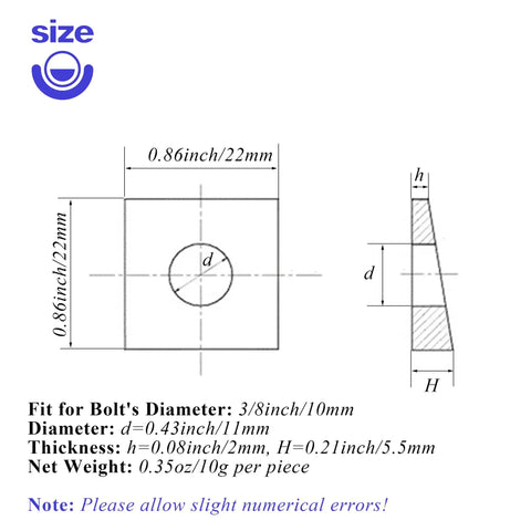 Heavy Duty Beveled Square Washers For Shim Leveling 3/8 Inch Bore Plus 7/8 Width with size dimensions displayed in inches.