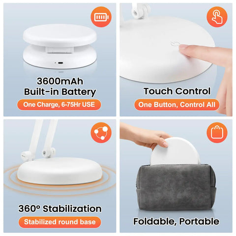 Cordless Desk Lamp with 3600mAh Rechargeable Battery features stabilizing base, touch control, and foldable design for portability.