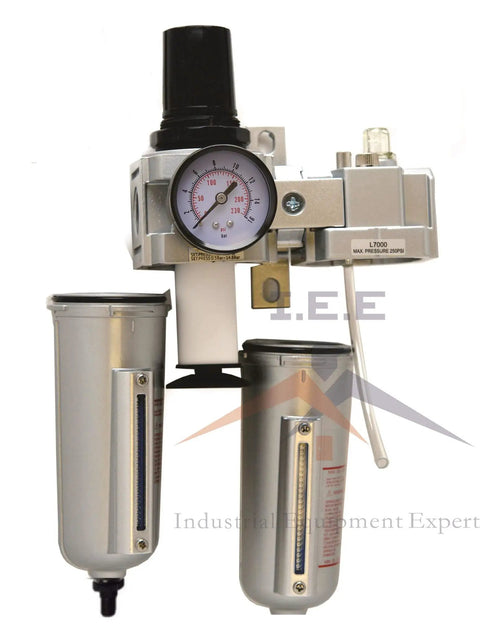 Front view of Three Quarter Inch Compressed Air Moisture Filter Regulator Oiler Separator Lubricator Combo System