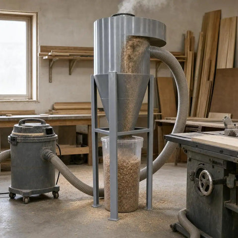 Heavy Duty Industrial Dust Collector That Sucks Up Shop Dust Like A Boss And Ensures Smooth Sailing Workshop Cleanup With Zero Hassle Heavy Gauge Metal Housing And Pro Grade Performance in workshop with sawdust.