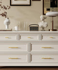 White dresser with brushed gold cabinet handles 10 pack 3 inch stainless steel drawer pulls installed, 76mm hole centers.