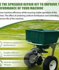 Lesco Spreader Repair Kit For N2320 With Nonstick Spinner And Agitator, shown on green spreader in use.
