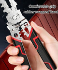 Hand holding Pro Grade Wire Stripper and Crimping Pliers Kit for Electricians, showing comfortable grip handle.