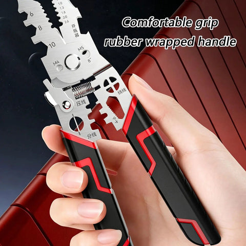 Hand holding Pro Grade Wire Stripper and Crimping Pliers Kit for Electricians, showing comfortable grip handle.