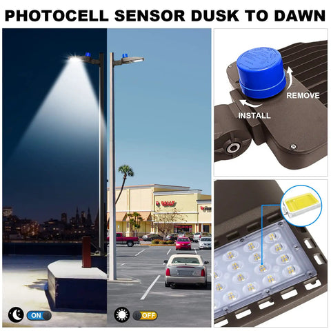 LED Parking Lot Light 150W Outdoor Floodlight 19500 Lumens Dusk To Dawn Black IP65 showing photocell sensor and LED array