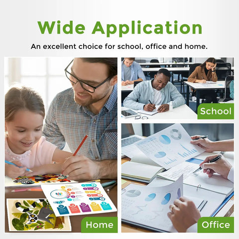 Collage showing diverse people working in school, home, and office settings with papers and charts.