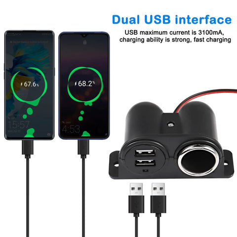 Road Ready Dual Usb Car Charger With Hella Reliable 3.1A Output For Quick Smartphone And Tablet Top Ups plugged in with two phones displaying battery percentage.