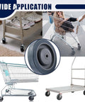 Heavy Duty 5 Inch Shopping Cart Wheels 4 Pack Polyurethane Rollers With Secure Axle Bolts shown on carts and dolly for various uses.
