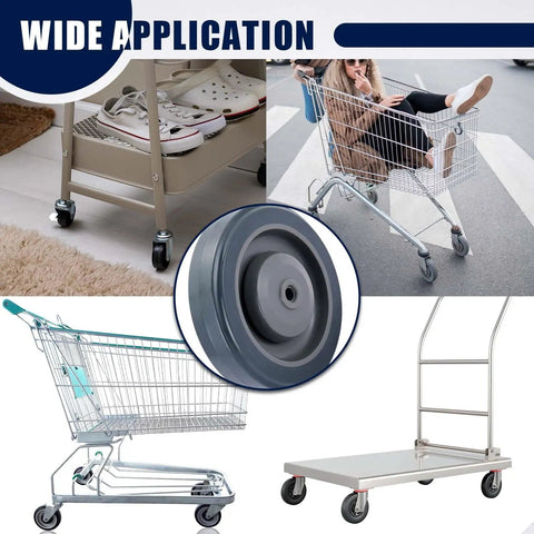 Heavy Duty 5 Inch Shopping Cart Wheels 4 Pack Polyurethane Rollers With Secure Axle Bolts shown on carts and dolly for various uses.