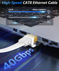 Cat 8 Ethernet Cable 25 Ft Beefy Fast 2000MHz 40Gbps Flat Patch Cord With Gold Plated RJ45 Connectors connected to a laptop