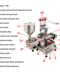 Hella Reliable Double Head Automatic Paste And Liquid Filling Machine With Pneumatic Dual Purpose Power For Sauces And Viscous Jars 10 To 100 Ml Capacity 8 Mm Zero Drip Tip with labeled components.