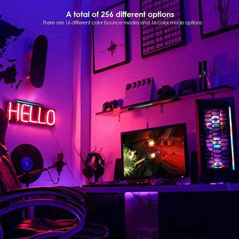 RGB Rechargeable Sound Control Lights With Voice Activated Music Rhythm illuminating a gaming room with vibrant LED accents