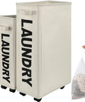 Big Ol Extra Large 27 Inch Slim Rolling Laundry Basket On Wheels with Removable Bag, tall beige storage bin with handle