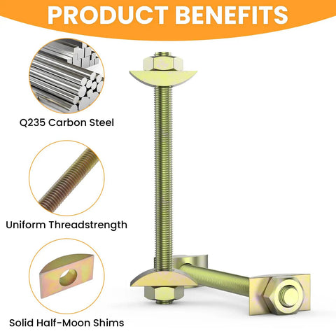 Killer Fit Four Pack M8x100MM Countertop Connector Bolts With Half Moon Washers And Hex Nuts For Zero Wobble Counter Joint Fastening Clean Shop Hardware Upgrade showing Q235 carbon steel fastener with half-moon shim.