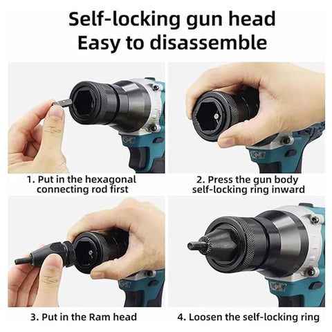 Instructions for using the Cordless Rivet Gun With Charger And Batteries, Brushless Electric Blind Rivet Tool Kit, showing self-locking gun head