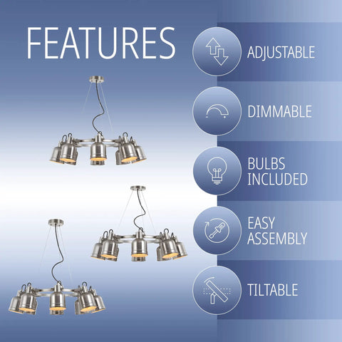 Nickel Modern Eight Light Industrial Wagon Wheel LED Chandelier For Your Kitchen Island Loft Dining Room With Metal Shades And Killer Energy Saving Bulbs Included, featuring adjustable and dimmable features with easy assembly.