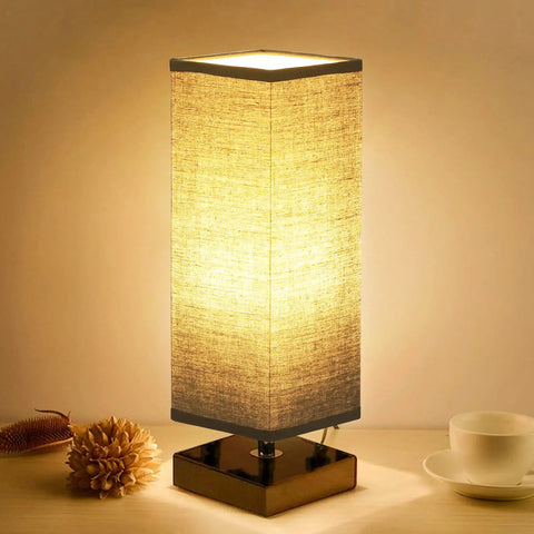 Modern Wood Table Lamp For Bedroom And Nightstand With Square Fabric Shade Minimalist Reading Light