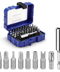 Ultimate 32-Piece Security Bit Set With Tamper Proof Torx Driver Tools, Heavy Duty Hex U-Type Tri-Wing Clutch Bits Made From Heat Treated Cr-V Steel With Magnetic Holder Case. 32-piece Cr-V bit set in blue case, showing assorted security bits and driver