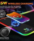 RGB Gaming Mouse Pad With 15W Wireless Charging Hella Large Non Slip Desk Pad showing phone charging on surface