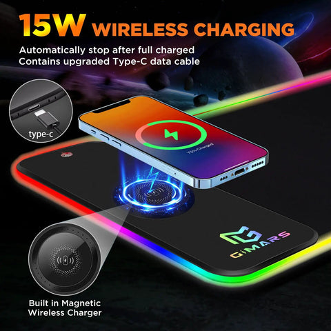 RGB Gaming Mouse Pad With 15W Wireless Charging Hella Large Non Slip Desk Pad showing phone charging on surface