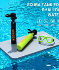 Grab And Go 0.5L Scuba Tank Portable Reusable Dive Cylinder For Snorkeling And Freediving, Emergency Air Backup Pony Bottle For Boat Cleaning And Travel, Lightweight, Compact, Easy Carry S300 displayed on float with goggles