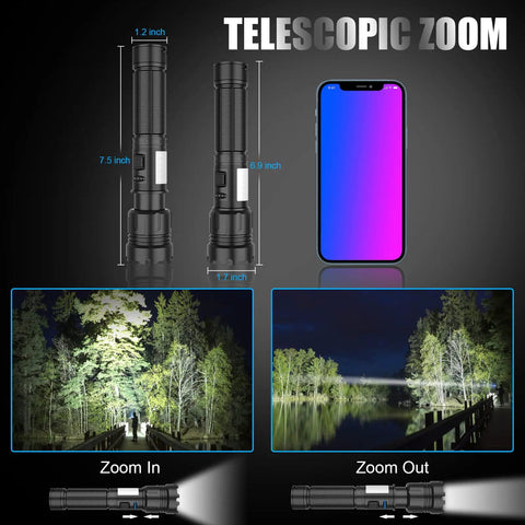 Magnetic Rechargeable Flashlight With Beast Bright LED Beam, USB C Charging, showing telescopic zoom feature and beam comparison.