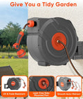 Wall-mounted Retractable Garden Hose Reel With 130 ft Reach Automatic Rewind Lock At Any Length Nine Pattern Nozzle