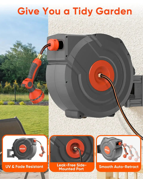 Wall-mounted Retractable Garden Hose Reel With 130 ft Reach Automatic Rewind Lock At Any Length Nine Pattern Nozzle