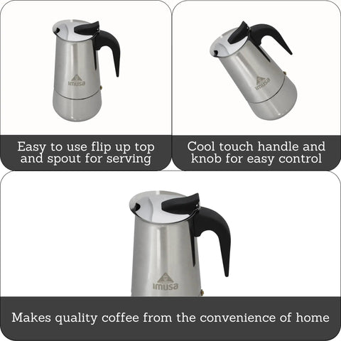 Stainless Steel Stovetop Espresso Coffeemaker SixCup Silver with easy-use flip top, spout, cool touch handle in multiple views.