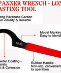 Close-up of a red coilover spanner wrench with model marking, part of the 9-Piece Coilover Spanner Wrench Set Universal Motorcycle Shock Adjustment Wrenches Carbon Steel Tool Kit Adjustable
