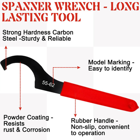Close-up of a red coilover spanner wrench with model marking, part of the 9-Piece Coilover Spanner Wrench Set Universal Motorcycle Shock Adjustment Wrenches Carbon Steel Tool Kit Adjustable