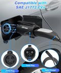 Portable Nacs To J1772 Charging Adapter With 80 Amp 250 Volt Rating plugs into a Tesla vehicle charging port.