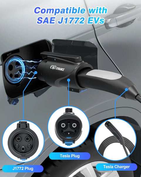 Portable Nacs To J1772 Charging Adapter With 80 Amp 250 Volt Rating plugs into a Tesla vehicle charging port.